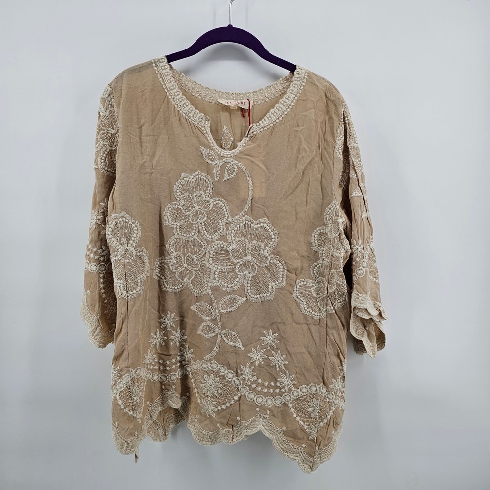 Solitaire Blouse Womens Medium Tan Embroidered Lace Trim Boho V-Neck 18-676 NWT